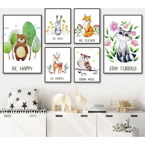 Raccoon Bear Rabbit Fox Sika Deer Owl Wall Art Canvas Painting Nordic Posters And Prints Cartoon Wall Pictures Kids Room Decor