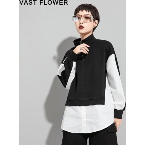 Patchwork Fake Two Piece T-Shirt Women New Loose Casual Stand Collar Long Sleeve T Shirt Tops Clothes Fashion Spring Autumn 2021