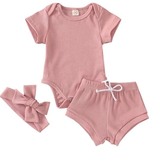 3pcs Fashion New Baby Girls Clothes Newborn Baby Solid Short Sleeve Bodysuits Shorts Headband Set Infant Toddler Outfits 1-3T