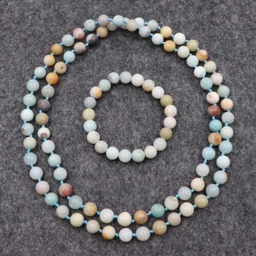 Fashion Bohemian Jewelry Set Amazonite Stone Buddha Strand Necklace Bracelet for Women Yoga Round Beads Long Chain Gifts B193
