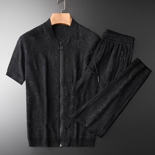 21C Stand Collar Mens Sets (t-shirt+pants) Luxury Metal Zipper Short Sleeve Man Sets Plus Size 4xl Casual Sport Thin Man Set