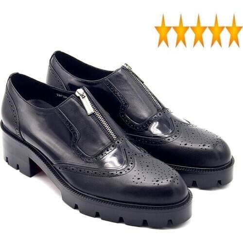 Mens Med Heels England Style Genuine Leather Brogue Zip Thick Platform Wing Tip Male Footwear Business Office Dress Shoes