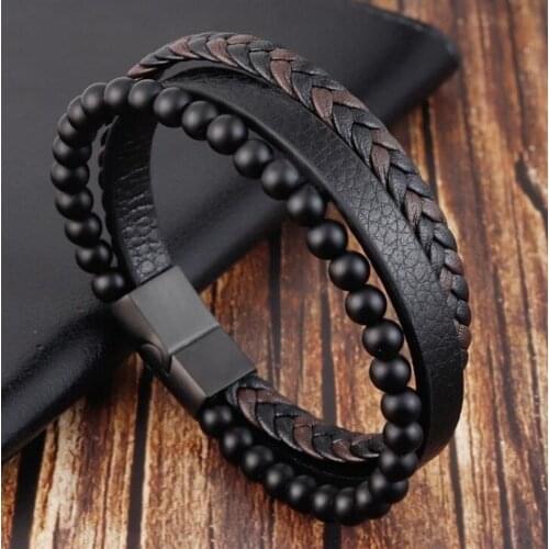 Classic Design Stainless Steel Magnetic Buckle Wristband Bracelet Mens Natural Stone Beaded Triple Leather Leather Bracelet