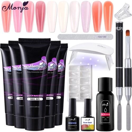 Monja 9 Pcs/Set Nail Art UV Gel Extension Set Mold Painting Brush Polishing File Base/Top Coat Slip Solution Dryer Manicure Kit