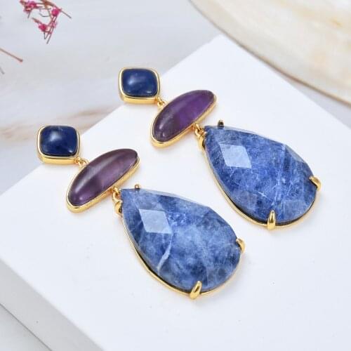 Natural Stone Natural Blue Sodalite Purple Amethysts Stud Earrings Classic For Women Lady Fashion Jewelry Gift