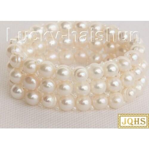 Natural Baroque springy Stretchable 3row 10mm round white pearls bracelet j10439