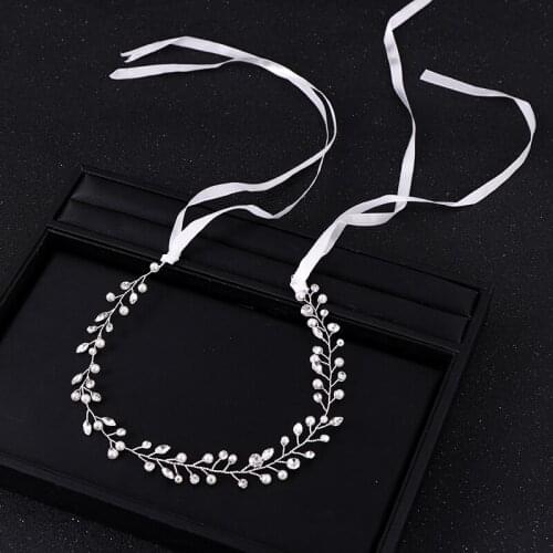 Handmade Silver Pearl Hairbands Wedding Women Hair Jewelry Rhinestone Shiny Long Headdress Headbands Ornament With Ribbon