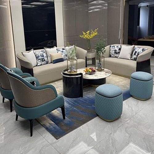 Postmodern light luxury leather sofa combination Hong Kong style villa large living room luxury solid wood furniture