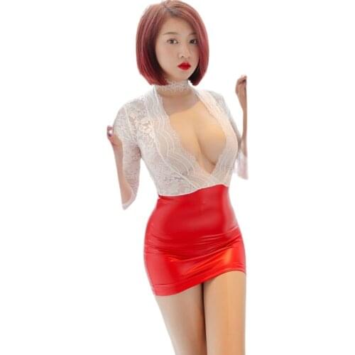 Sexy Deep V-neck Tight Pencil Dress Lace PU Leather Patchwork See Through Micro Mini Dress Bodycon Minifalda Fantasy Vestidos