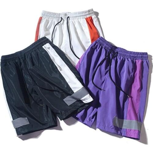 Summer Hip Pop Reflective Tap Patchwork Mens Shorts Straight Casual Loose Knee Length Shorts Elastic Waist Plus Size Men Shorts