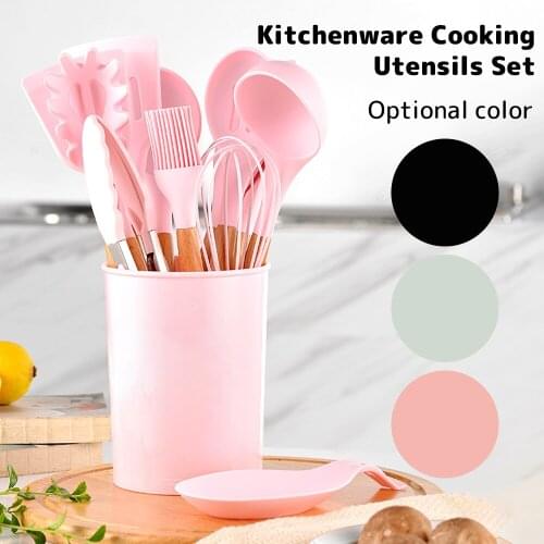 Silicone Cooking Utensils Set Non-Stick Spatula Shovel Wooden Handle Kitchenware with Storage Box 11pcs Kitchen Accessories