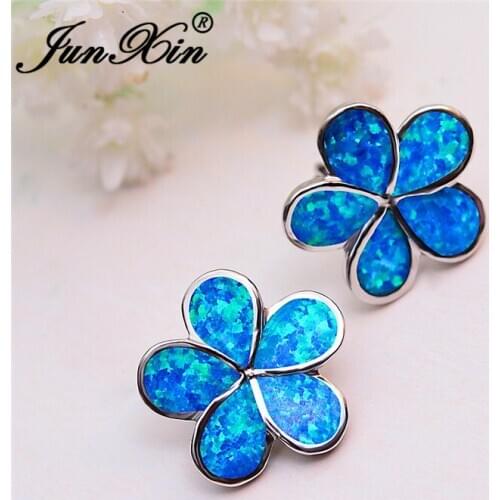 Cute White Blue Fire Opal Earrings Plant Flower Stud Earrings For Women Wedding Earrings Silver Color Engagement Earrings