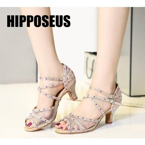 Hipposeus Dance-Shoes Girls for Women Ladies Ballroom Latin Modern Tango Dancing Shoes With Rhinestone Shoe Salsa Sandals Black