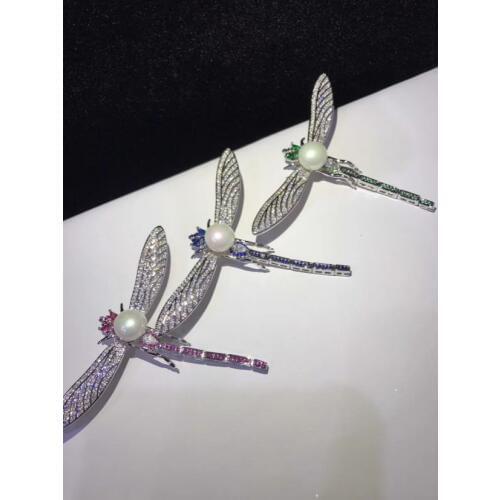 Green red blue dragonfly zircon freshwater pearl white coin brooch FPPJ wholesale beads nature unique