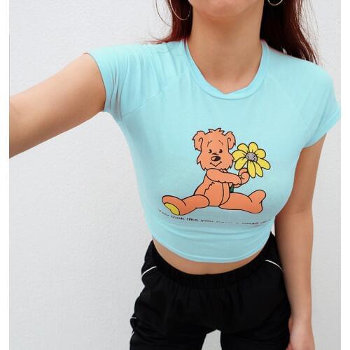 Season Cute Sky Blue Bear Print T Shirt Kawaii Cartoon Pink Top Short Sleeve Crop Top Summer Casual Women T shirt Tee Shirt