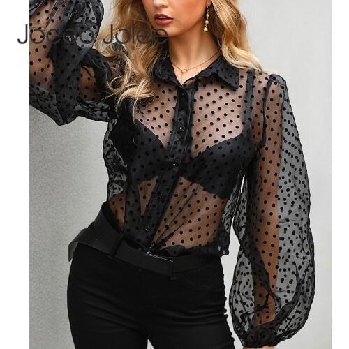 Jocoo Jolee Women Mesh Sheer Blouse See-through Lantern Long Sleeve Shirt Fashion Polka Dot Transparent White Shirt Female Blusa