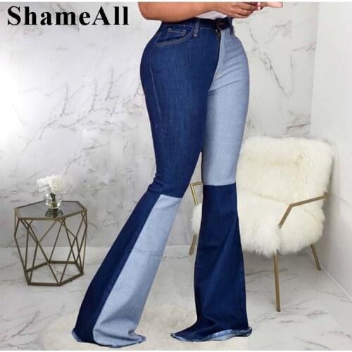 Plus Size Skinny Patchwork Flare Jeans 5XL Streetwear Color Block Wide Leg Bell Bottom Denim Pants Vintage Club Ripped Trousers