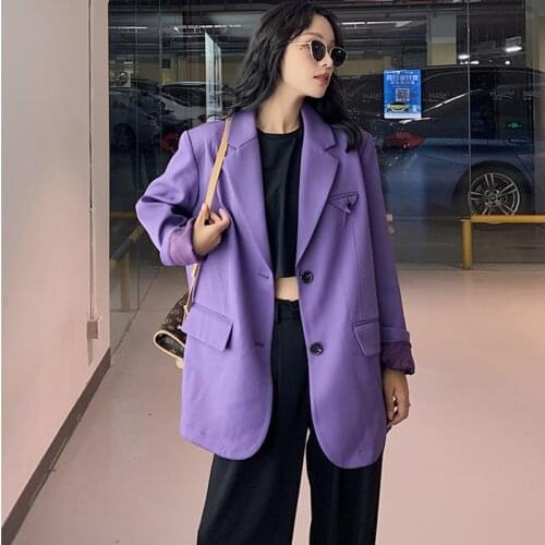 2021 Spring Long Sleeve High Quality Ladies Office Purple Casual Coat Chic Loose Single Breasted Notched Neck Blazer Women M837