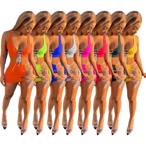 2021 Summer Sexy Lace Up Two Piece Skirt Set V Neck Sleeveless Bandage Vest Crop Top Mini Skirt Holiday Beach Suit Female Dress