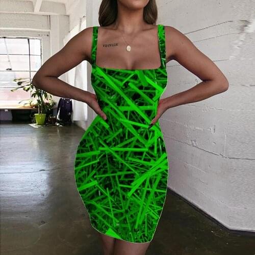 KYKU Brand Weeds Dress Women Green Vestido Sexy Abstract Bodycon Dress Line Halter Sleeveless Womens Clothing Party Short Beach