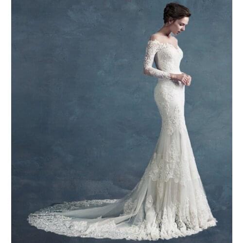 Romantic Sexy See Through Scoop Long Sleeves Chapel Train Lace Wedding Dress Mermaid Wedding Dresses Vestido De Novia 2016 MF-10