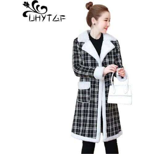 UHYTGF New Winter Elegant Overcoat Women Plus velvet thicken Wool Blend Coat Women Woolen coat Long Sleeve Turn-down Jacket X633