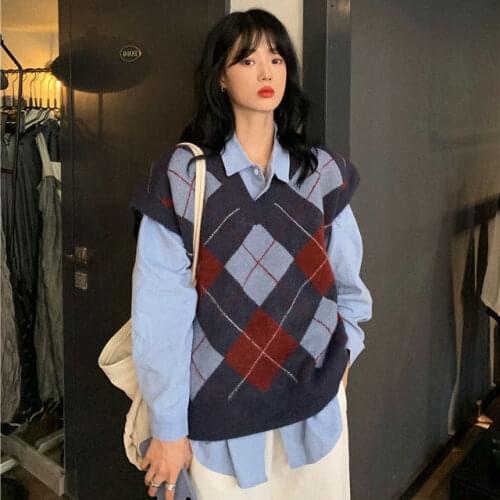 Women Korean Knitting Geometric Sweater Vest Pullovers Knitted Sleeveless Waistcoat Vintage V Neck Female Sweaters Jumper Tops