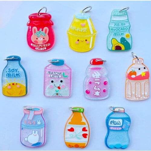 10 New Kawaii Lovely Beverage Bottle Series Acrylic Key Chain Pendant Plane DIY Crafts Center Accessories A08