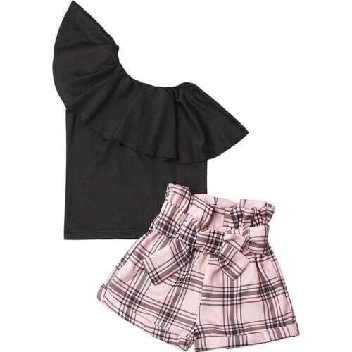 2021 Fashion Toddler Baby Girls Clothes Kids Summer One Shoulder Ruffles T Shirts Tops Plaid Print Bow Shorts Outfit Sets 2-7Y