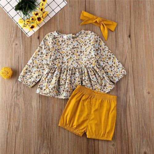 3PCS Newborn Infant Toddler Baby Girls Clothes Set Long Sleeve Floral Tops T-shirt Cute Shorts Headband 3PCS Clothes