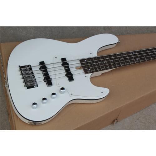 5 string bass guitar,white bass,basswood body,maple neck,acrylic pickguard,24 frets,chrome button