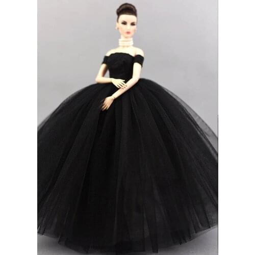Black Little Boat Neck Wedding Dress For Barbie Dolls Evening Party Wears Long Dresses Clothes For Barbie 1/6 Doll Accessories