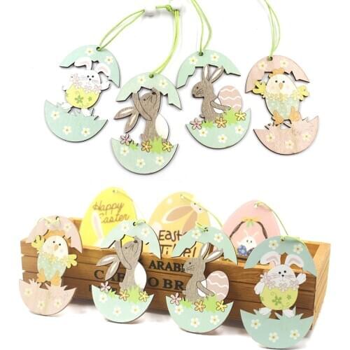 4PCS Easter Rabbit Bunny Bird Wooden Pendant Easter Decoration Hanging Craft For DIY Home Party Kids Gift Easter Decor Supplies
