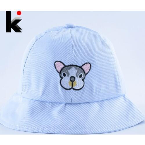 Kids Sun Hat For Boys Girls Summer Outdoor Cotton Floppy Hat Cute Puppy Embroidery Striped Bucket Cap Children UV Protection Cap