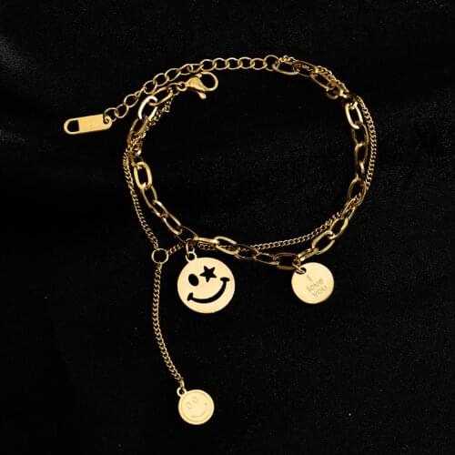 Colorfast stainless steel two-layer chain bracelet happy face lucky pendant exquisite fashion personality female gift jewelry