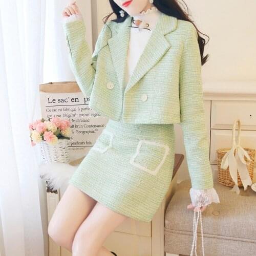 European Style Autumn Winter 3 Piece Set Women Short Woolen Tweed Jacket Coat & Bodycon Mini Skirt Set Women Three Piece Outfits