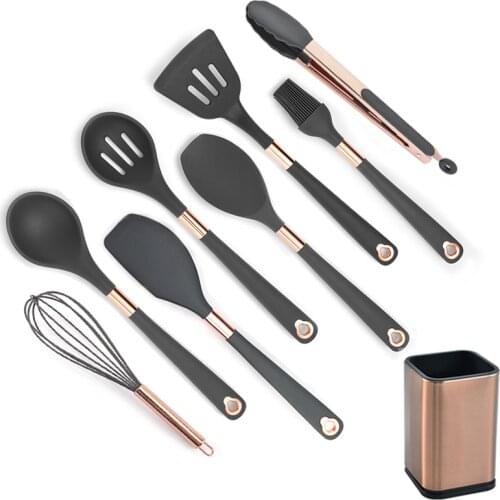 New Silicone Cooking Kitchen Utensils Set Rose Gold-plated Slotted Spoon Heat-resistant Non-stick Anti Scalding Spatula Cookware