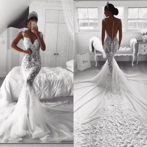 Hot Vintage Full Lace Mermaid Wedding Dresses Sexy Sheer V Neck Illusion Button Back Court Train Tulle Wedding Dresses