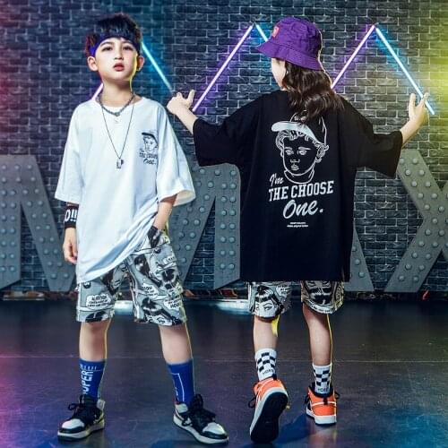2020 New Girls Boys Jazz Dance Costumes Loose Short Sleeve T-Shirt Shorts Hip Hop Street Dance Performance Costume Set DL6469