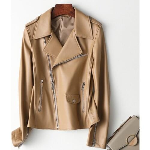 New Motorcycle Biker Women Slim Short White Real Coat Streetwear Genuine Leather Jacket Ladies Quality Sheepskin