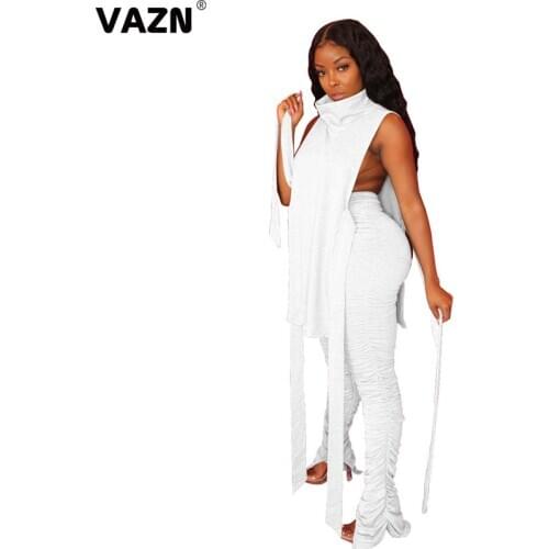VAZN 2020 Hot Sale Women Casual Office Lady Solid Slash neck Outfit Two Pieces Set Sleeveless Full Pant Sport Running Sets