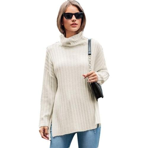 Minimalist Turtleneck Sweater Womens 2020 Fall/Winter Keep Warm Long Sleeve Knitted Sweater Side Slit Pullover Sweater
