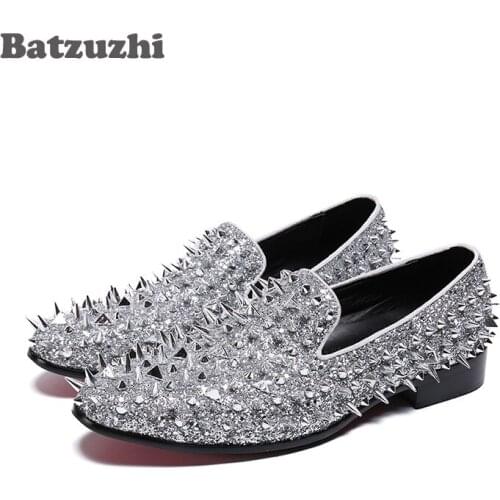 Batzuzhi Fashion Men Shoes Leather Dress Shoes Men Silver/Blue Rivets Party Shoes Men Wedding Chaussures Homme, Big Sizes 38-47