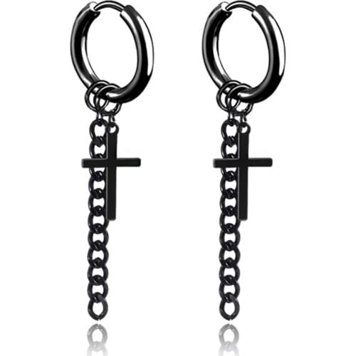 Punk Cross Chain Pendant Drop Earrings For Men Classic Stainless Steel Chain Tassels Earrings Jewelry Brincos Gift