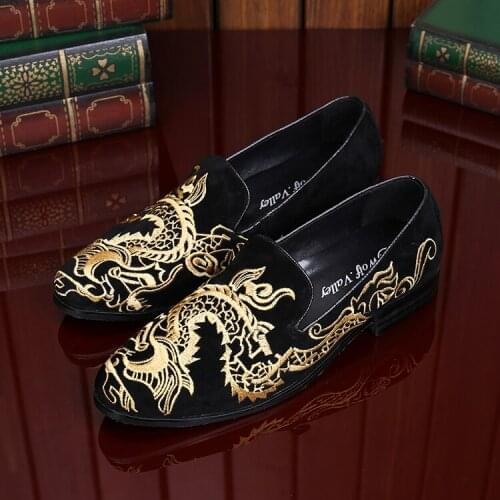 Christia Bella Large Size Handmade Male Dragon Embroidery Suede Leather Flats Shoes Party Prom Mens Slipper on Loafers Shoes