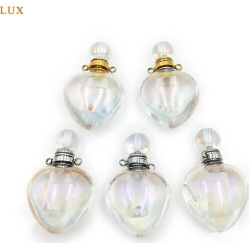 Natural Crystal Heart shape Perfume Bottle Pendant Faceted Point Vial Titanium AB White Quartz Oil diffuser charm for necklace