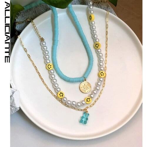 2 Pcs Sweet Blue Little Bear Portrait Coin Clay Beaded Necklace For Women Soft Pottery Bead Smiley Pearls Choker Girls Jewelry