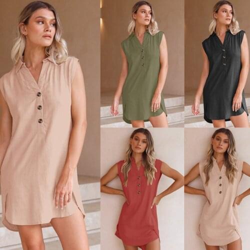 Summer Women Shirt Dress Solid Color Sexy Turn Down Collar Sleeveless Slit Beach Style Casual Female Vestido Fashion C2704
