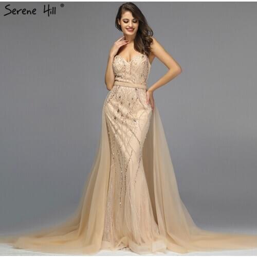 Dubai Luxury Pearls Crystal Prom Dresses Long 2020 White Nude Backless Mermaid Prom Gowns Real Photo BLA6242