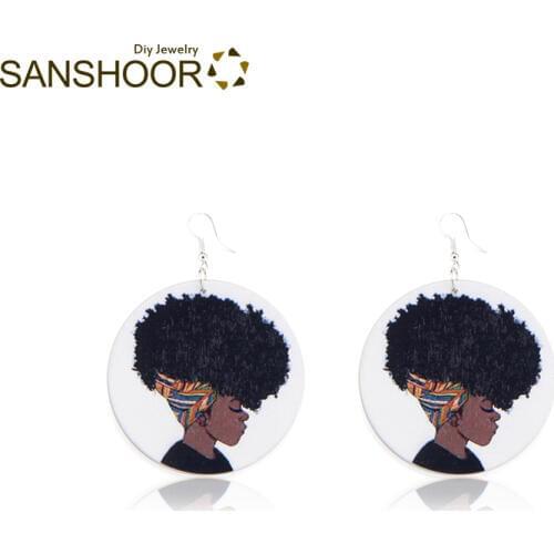 SANSHOOR Afro Wooden Print Earrings Round Tribal POP Headwrap Black Woman African Drop Earrings Gift for Her 1 Pair